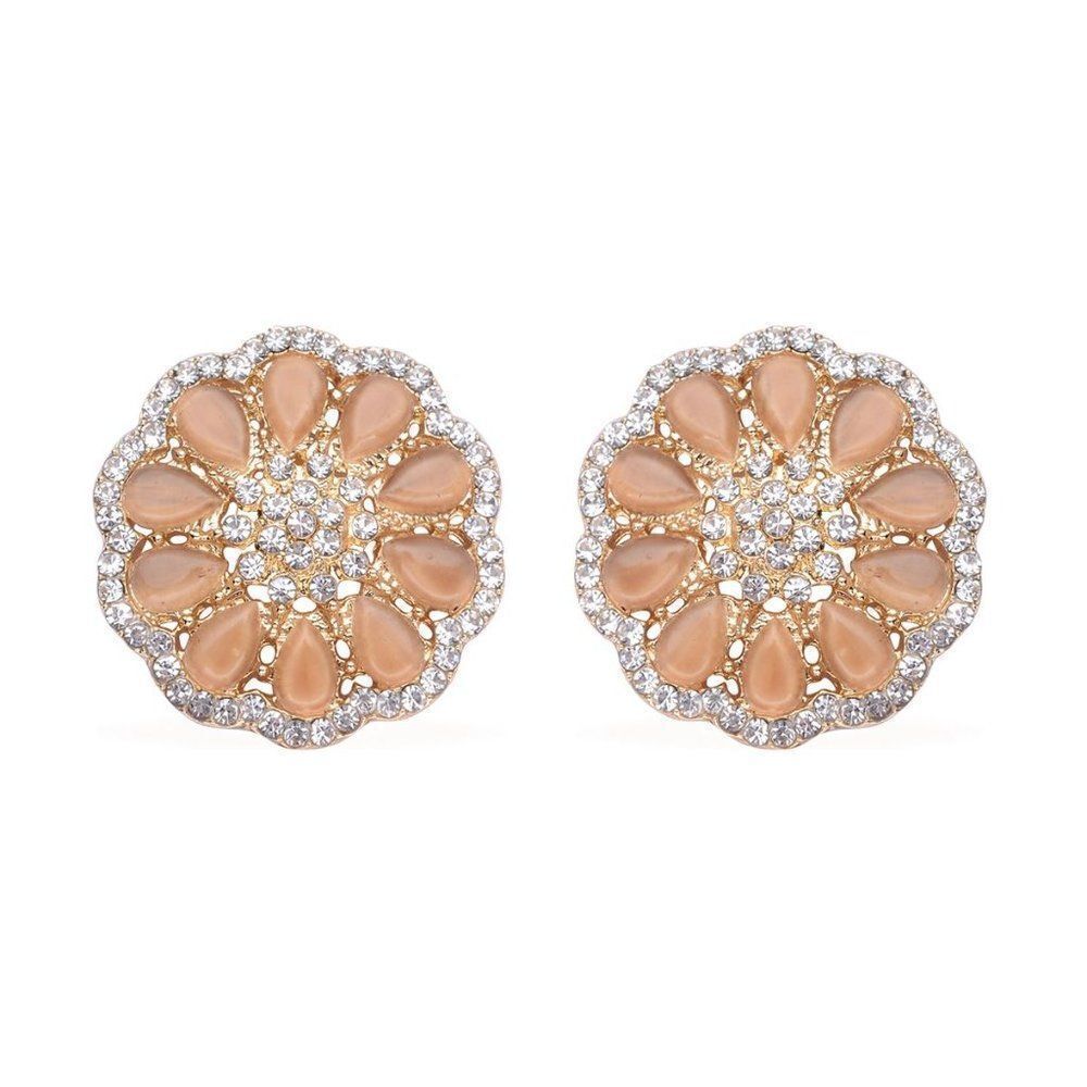 Simulated Dark Champagne Cat's Eye and Austrian Crystal Floral Stud Earrings